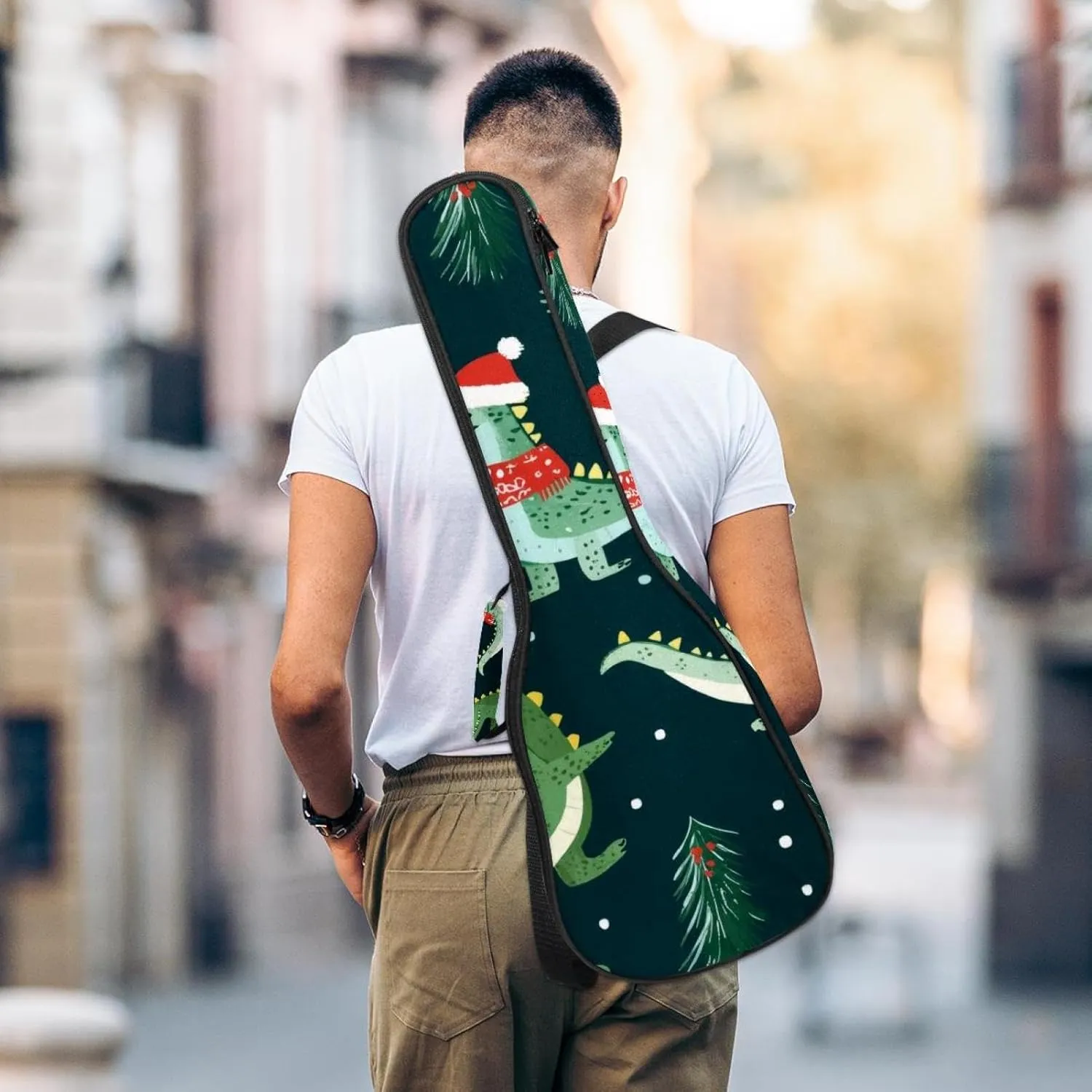 0.4’’ Thick Padded Ukulele Case, Funny Doodle Christmas Crocodile Pattern Waterproof Concert Size Ukulele Cover with Storage