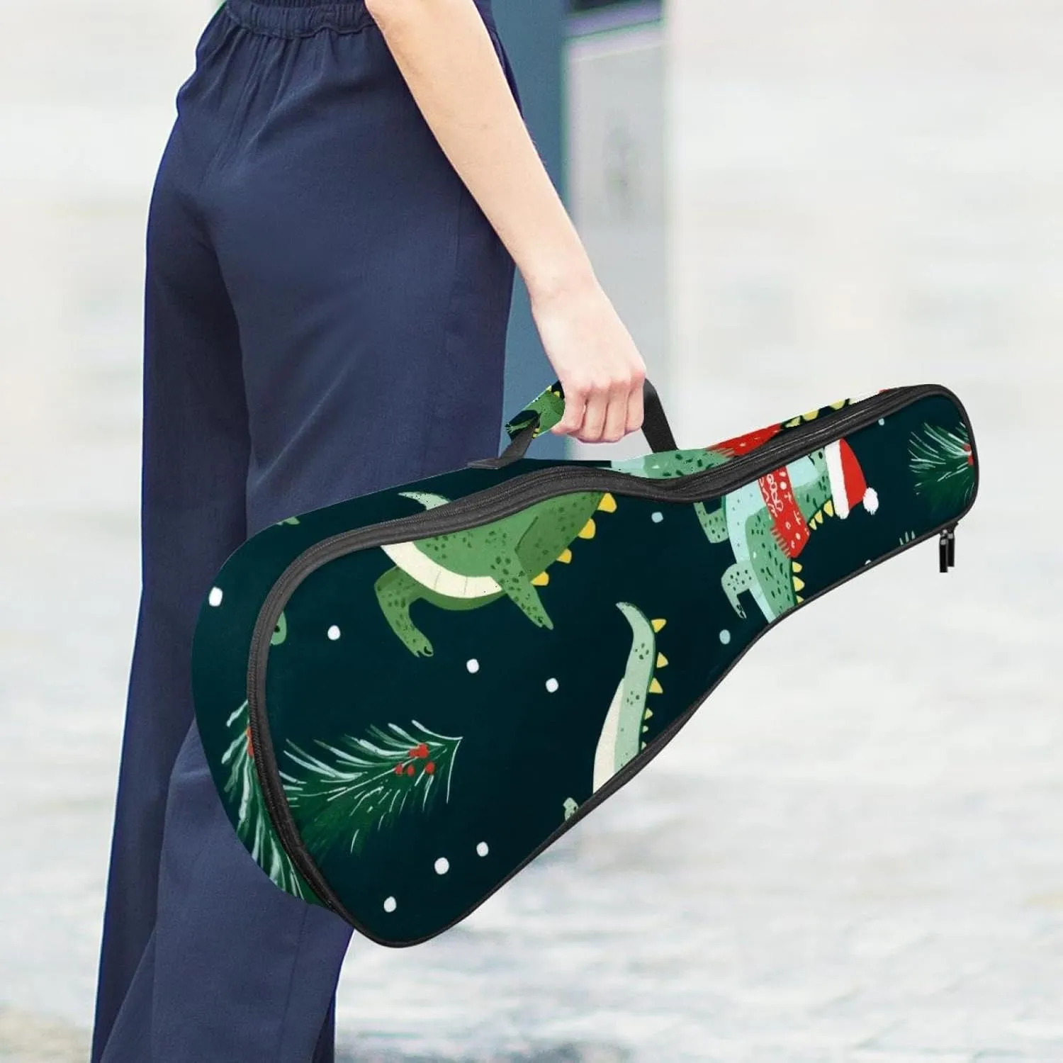 0.4’’ Thick Padded Ukulele Case, Funny Doodle Christmas Crocodile Pattern Waterproof Concert Size Ukulele Cover with Storage