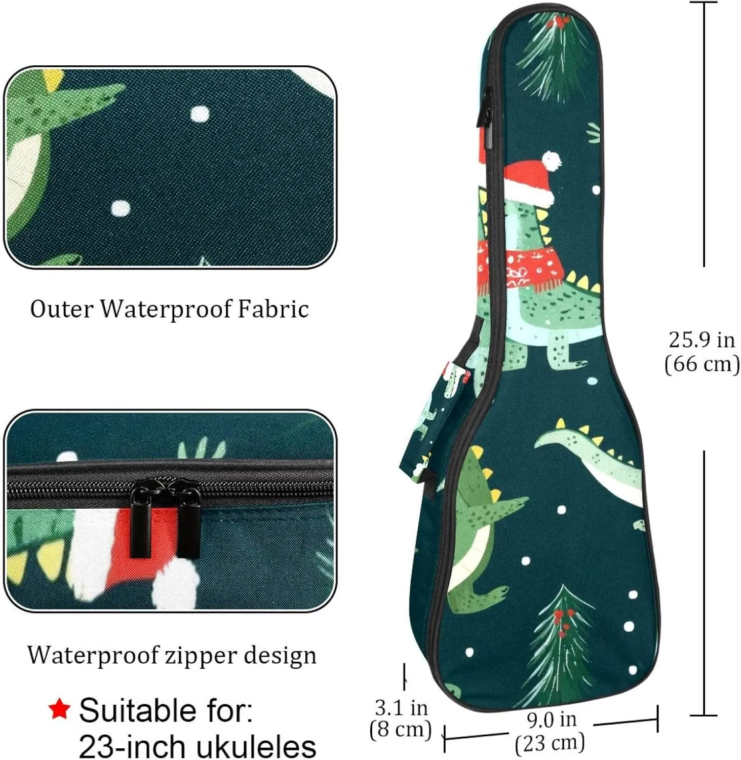 0.4’’ Thick Padded Ukulele Case, Funny Doodle Christmas Crocodile Pattern Waterproof Concert Size Ukulele Cover with Storage