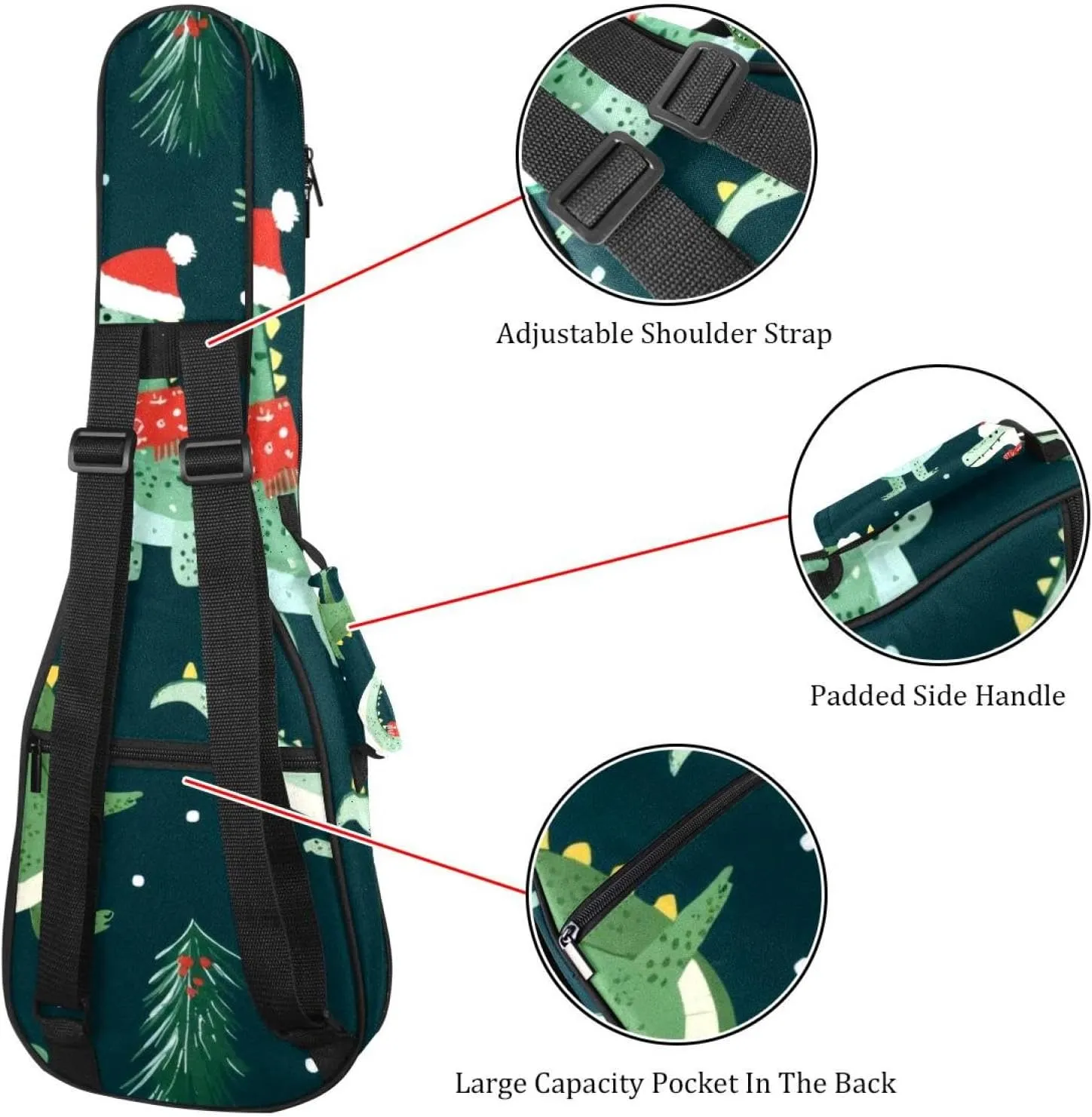 0.4’’ Thick Padded Ukulele Case, Funny Doodle Christmas Crocodile Pattern Waterproof Concert Size Ukulele Cover with Storage