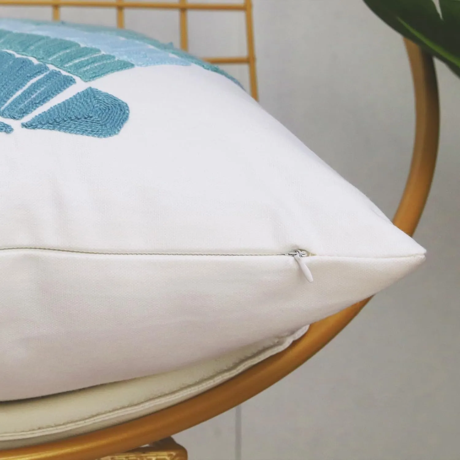 1 PCS Embroidered Throw Pillow Cover Cotton Decorative Square Cushion Cases for Home Sofa Bed and Chair 18 x 18 Inch (Blue Shell)