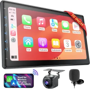 10 Inch IPS Touch Screen Double Din Car Stereo Compatible with Wireless Carplay,Wireless Android Auto,Wireless Mirrorlink - Car Radio Audio Stereo Receiver with Bluetooth, FM, 720P Backup Camera