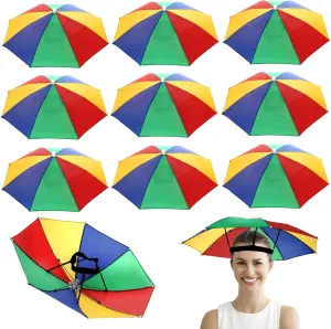 10 Pack Umbrella Hat, Rainbow Head Umbrella Cap with Elastic Band, 21 Inch Folding Waterproof Fishing Umbrellas Cap for Camping, Gardening, Beach Hiking, Outdoor Sun Protection