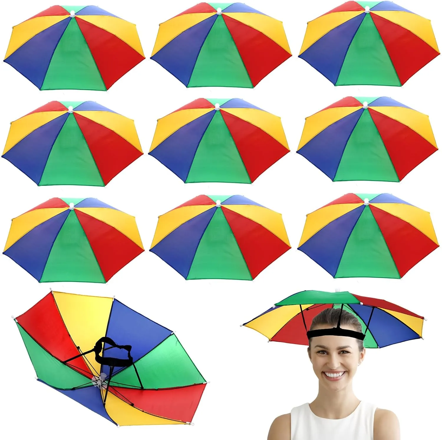 10 Pack Umbrella Hat, Rainbow Head Umbrella Cap with Elastic Band, 21 Inch Folding Waterproof Fishing Umbrellas Cap for Camping, Gardening, Beach Hiking, Outdoor Sun Protection