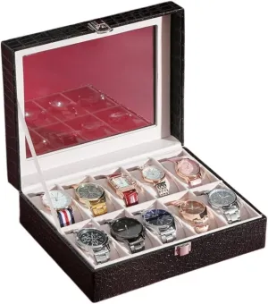 10 Slots Watch Box PU Leather Watch Case With Transparent Glass Top,Watch Display Watch Organizer For Men Women(Black)