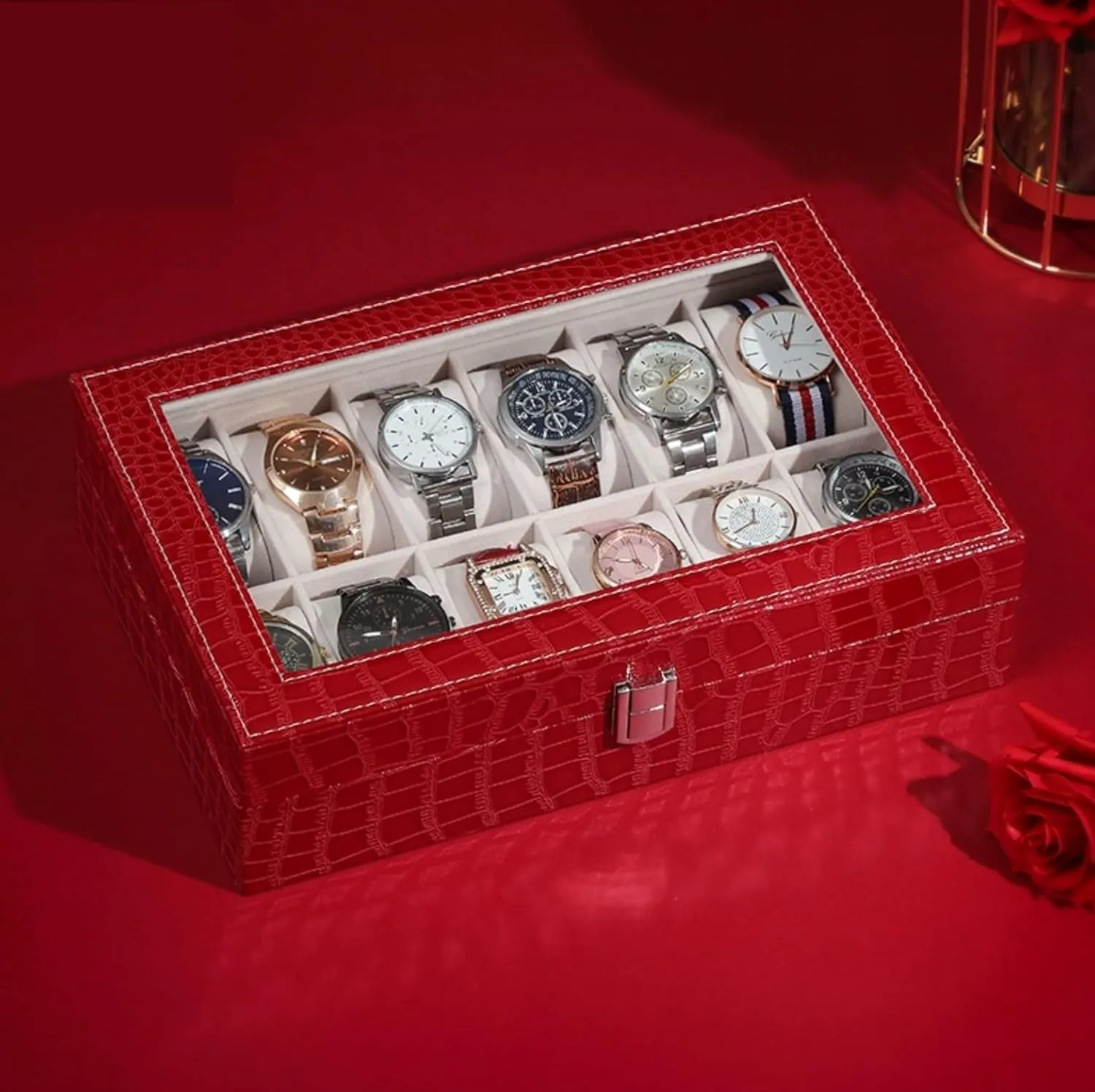 10 Slots Watch Box PU Leather Watch Case With Transparent Glass Top,Watch Display Watch Organizer For Men Women(Black)