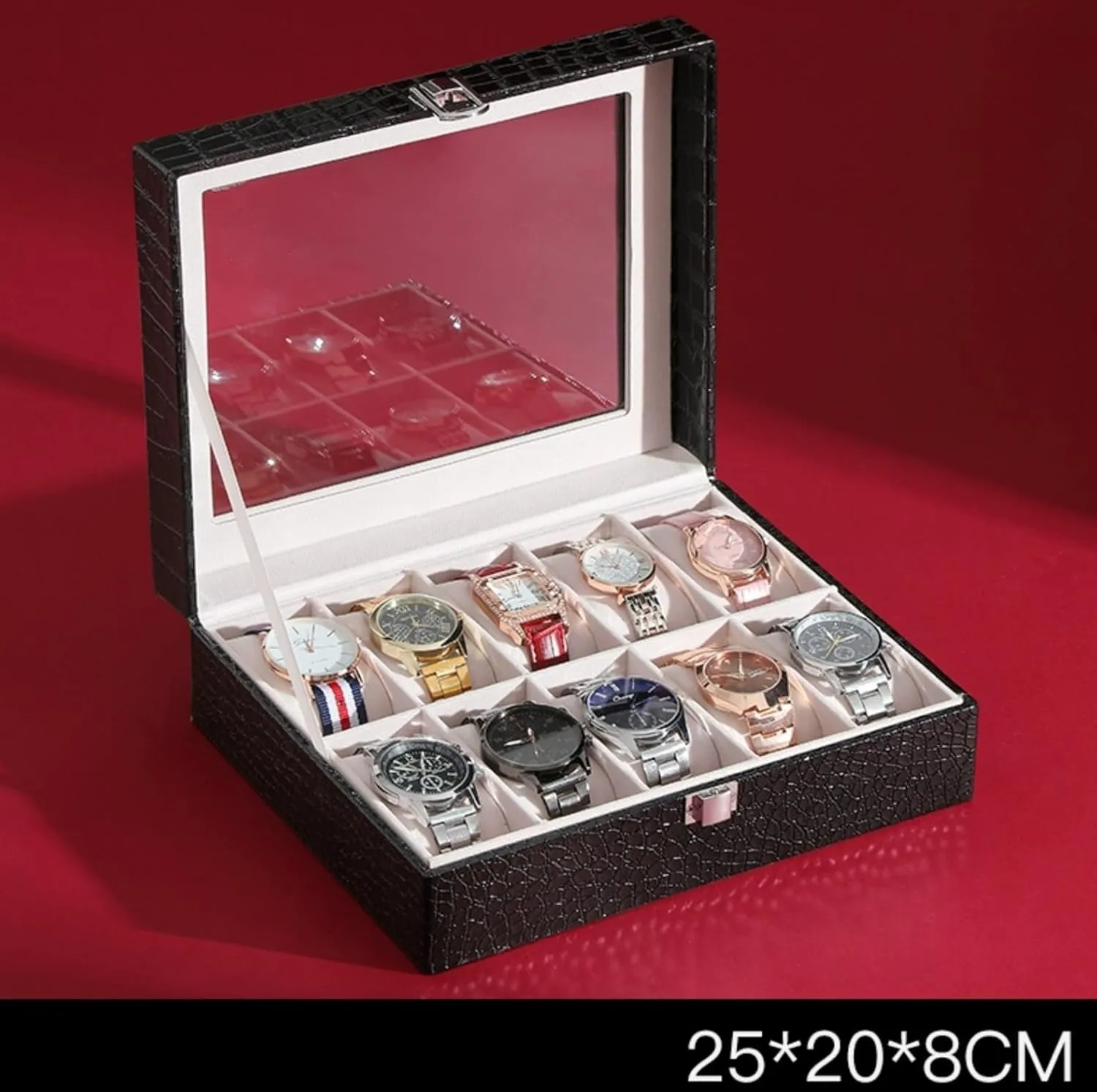 10 Slots Watch Box PU Leather Watch Case With Transparent Glass Top,Watch Display Watch Organizer For Men Women(Black)