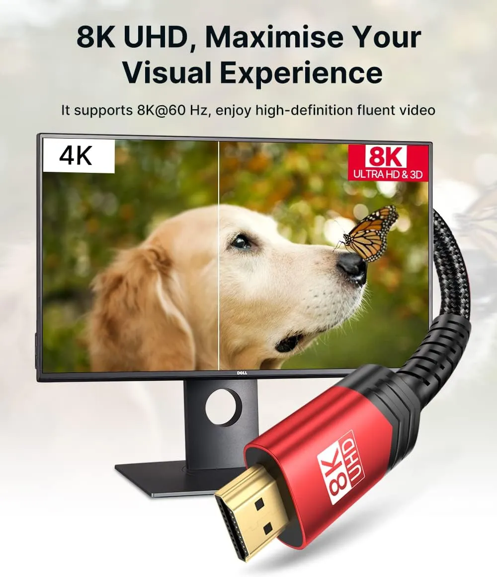 10K 8K HDMI Cable 2.1 2 Pack 6ft, JSAUX 48Gbps Ultra High Speed HDMI Cable Braided Cord, 4K@120Hz, 4K@144Hz, 8K@60Hz, HDCP 2.2&2.3, HDR 10, eARC,ARC Compatible with Dolby PS5 Monitor HDTV Soundbar-Red