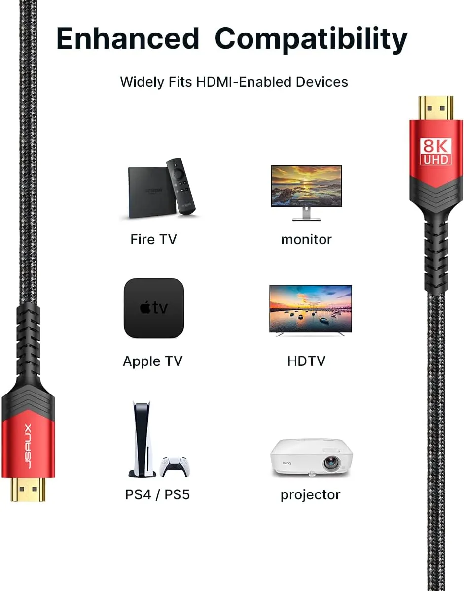 10K 8K HDMI Cable 2.1 2 Pack 6ft, JSAUX 48Gbps Ultra High Speed HDMI Cable Braided Cord, 4K@120Hz, 4K@144Hz, 8K@60Hz, HDCP 2.2&2.3, HDR 10, eARC,ARC Compatible with Dolby PS5 Monitor HDTV Soundbar-Red