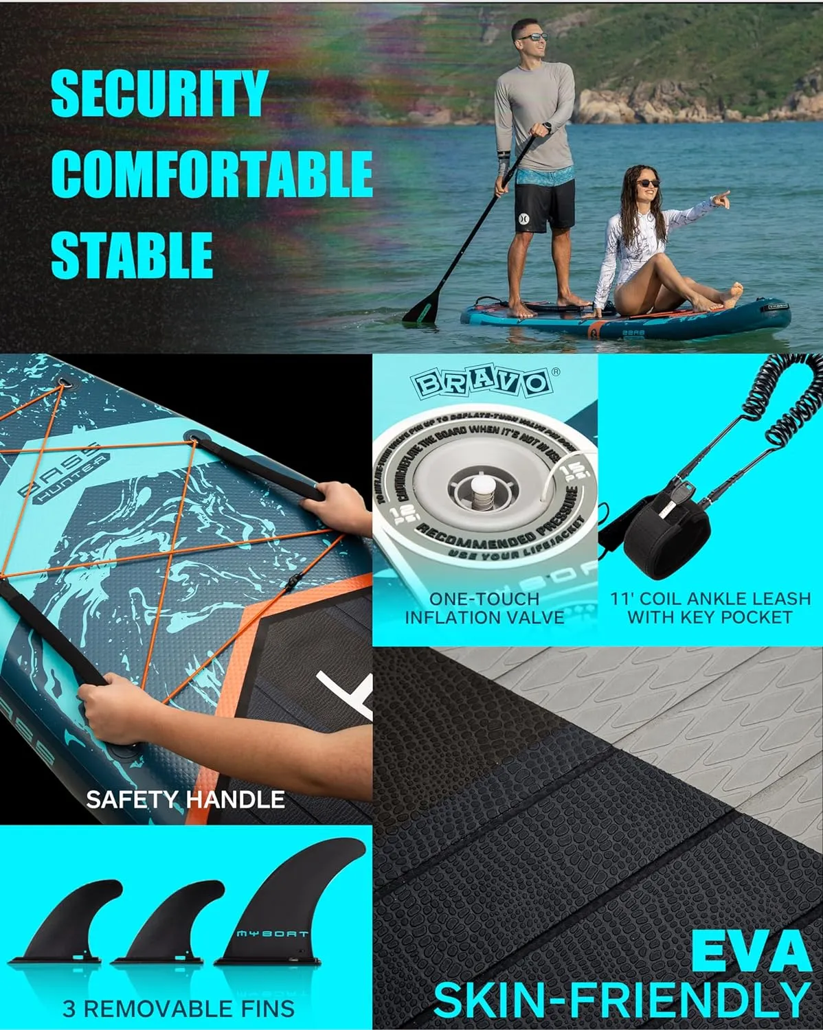 11'6"×34"×6" Extra Wide Inflatable Paddle Board, Stand Up Paddle Board for Fishing, Sup Board with 3 Removable Fins, Dual Bungees, Camera Mount, Hand Pump, Strong Paddle, 5L Dry Bag, Leash