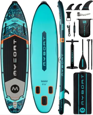 11'6"×34"×6" Extra Wide Inflatable Paddle Board, Stand Up Paddle Board for Fishing, Sup Board with 3 Removable Fins, Dual Bungees, Camera Mount, Hand Pump, Strong Paddle, 5L Dry Bag, Leash
