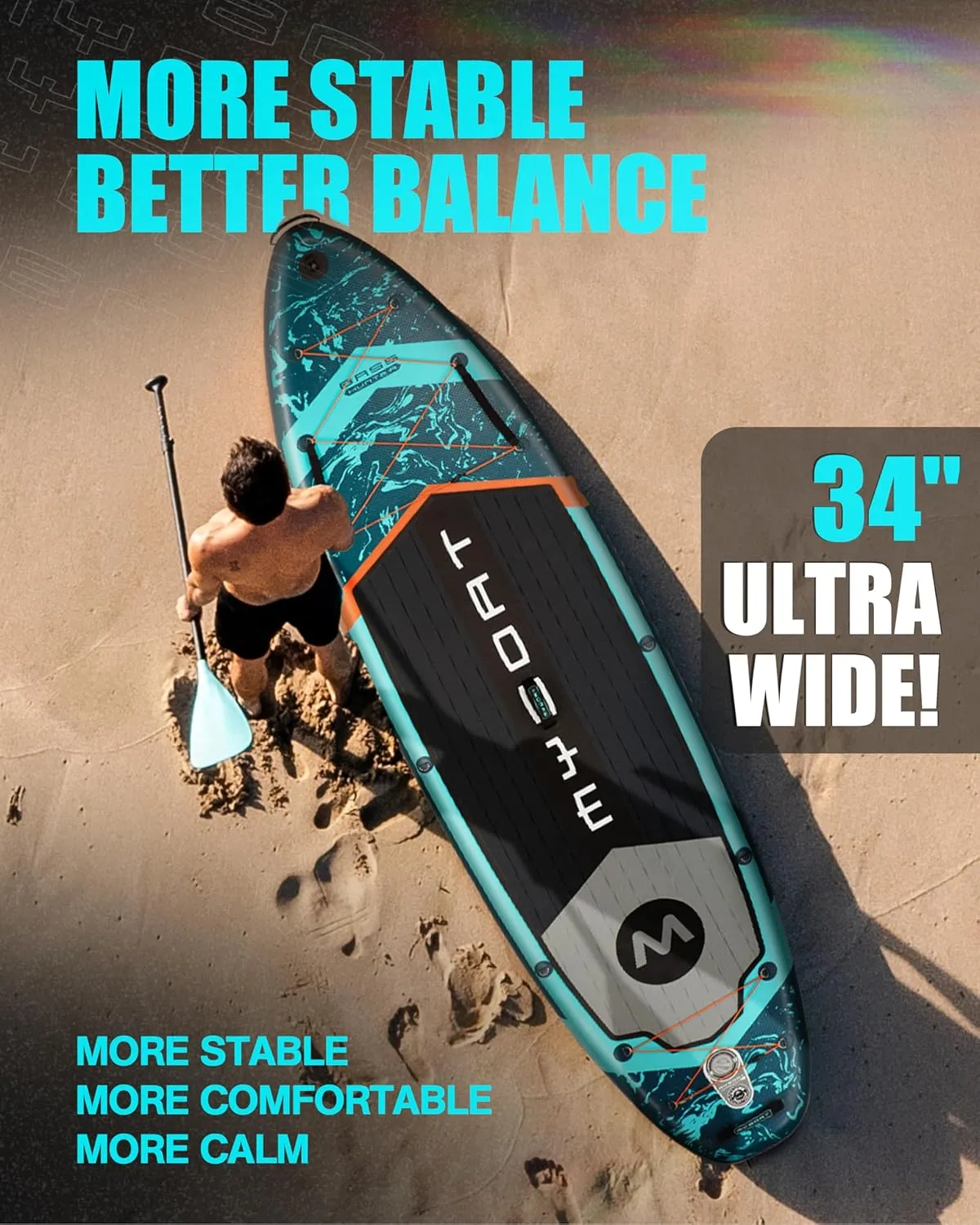 11'6"×34"×6" Extra Wide Inflatable Paddle Board, Stand Up Paddle Board for Fishing, Sup Board with 3 Removable Fins, Dual Bungees, Camera Mount, Hand Pump, Strong Paddle, 5L Dry Bag, Leash