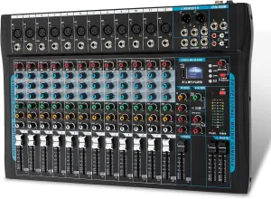 12 Channel Audio Interfacer Sound Board Mixer DJ Mixer 16-Bit DSP Effect USB Audio Mixer  48V Phantom Power Bluetooth Mixer for Karaoke Studio Streaming Recording,Live Streaming