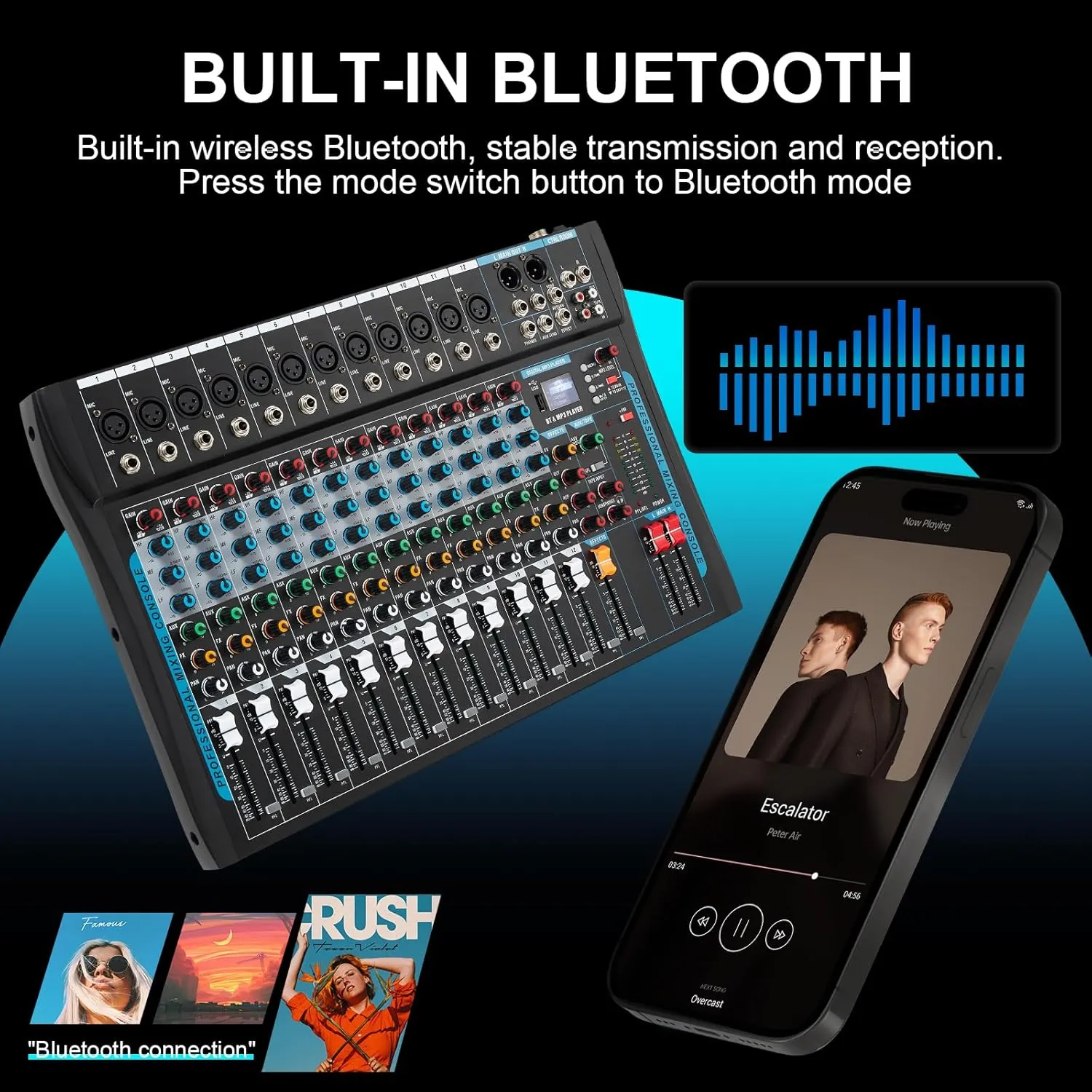 12 Channel Audio Interfacer Sound Board Mixer DJ Mixer 16-Bit DSP Effect USB Audio Mixer  48V Phantom Power Bluetooth Mixer for Karaoke Studio Streaming Recording,Live Streaming