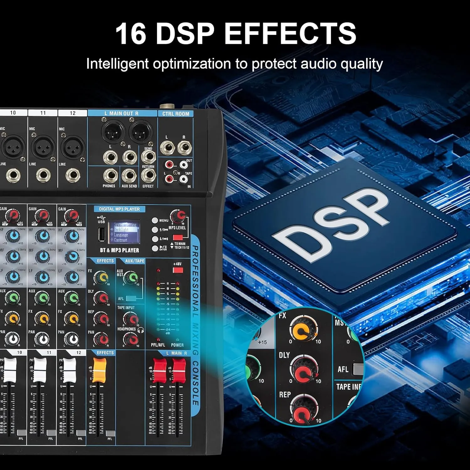 12 Channel Audio Interfacer Sound Board Mixer DJ Mixer 16-Bit DSP Effect USB Audio Mixer  48V Phantom Power Bluetooth Mixer for Karaoke Studio Streaming Recording,Live Streaming