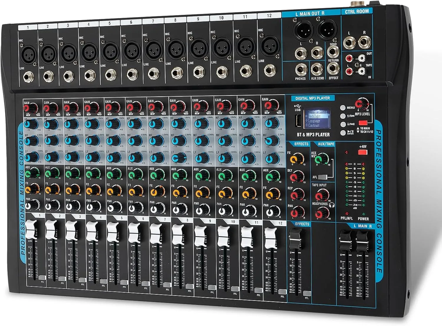 12 Channel Audio Interfacer Sound Board Mixer DJ Mixer 16-Bit DSP Effect USB Audio Mixer  48V Phantom Power Bluetooth Mixer for Karaoke Studio Streaming Recording,Live Streaming