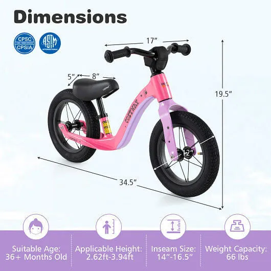 12-Inch Balance Bike with Adjustable Seat and Rotatable Handlebar for Over 36 Mo