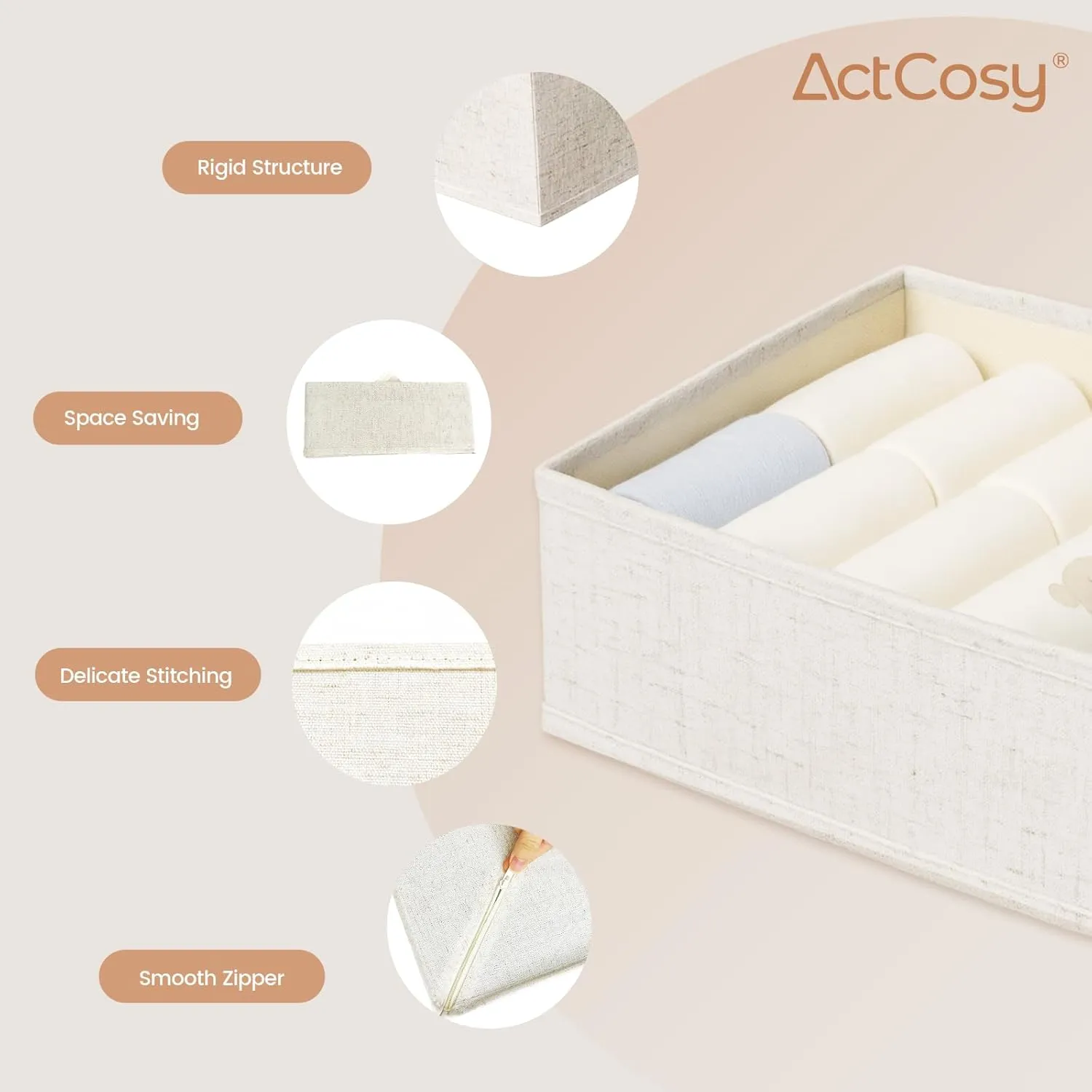 12 Pack Drawer Organizer for Baby Clothes, Linen Fabric Nursery Organizer for Baby Diaper, Collapsible Deep Fabric Drawer Organizer with Zipper for Socks, Bra, Towels, Ties, Beige