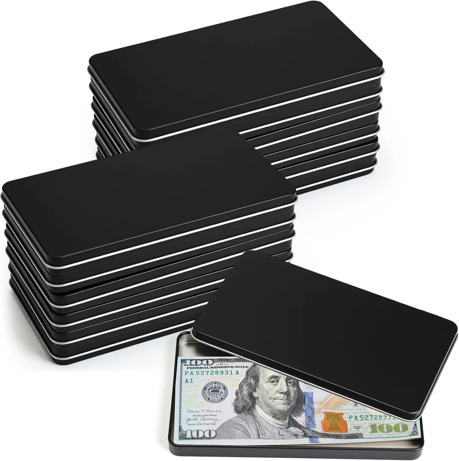 12 Pcs Mini Metal Cash Box with Lid Black Single Row Currency Tray Small Money Box Holder Rectangular Money Saving Organizer Dollar Bill Storage Tin Box for Cash Coin Jewelry Stamps