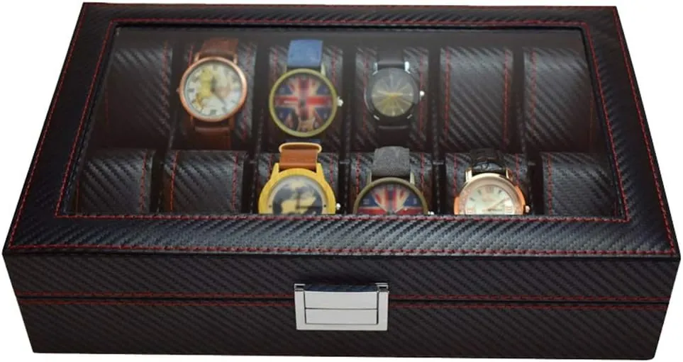 (12 Slots) Elegant Large Watch Box Organizer for Men Women, Transparent top, Portable Leather Watch Holder Mens Watches Case Storage Best Gift for The Husband, (Black, 32x 20 x 8cm)