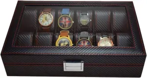 (12 Slots) Elegant Large Watch Box Organizer for Men Women, Transparent top, Portable Leather Watch Holder Mens Watches Case Storage Best Gift for The Husband, (Black, 32x 20 x 8cm)