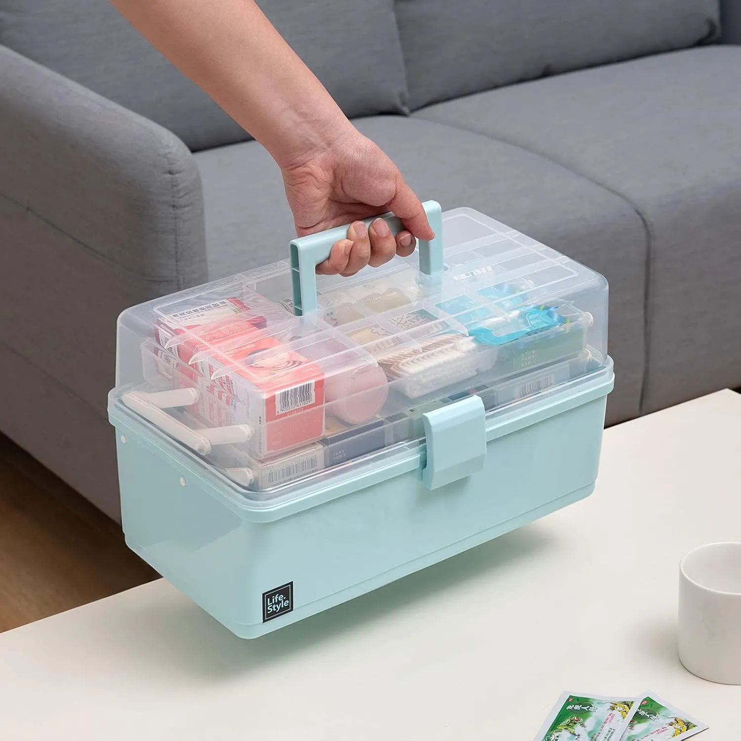 13 inches Craft Organizers and Storage Box, 3-Layers Multifunctional Plastic Sewing Organizing Box with Handle, for Medicine, Art Supply, Makeup, Hair Accessories, Organizer Bins