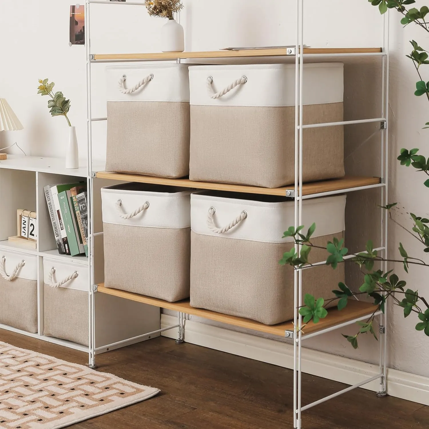 13 x 13 Inch Cube Storage Bins, 6 Pack Extra Large Collapsible Fabric Storage Bin with Ropes, Foldable Storage Cubes for Home (White & Beige-13"x13"x13")