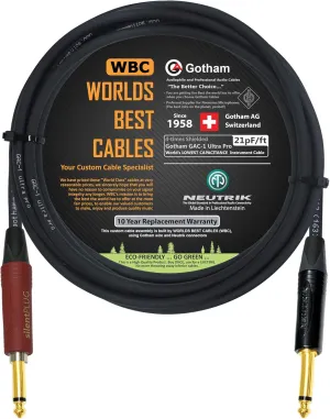 15 Foot - Gotham GAC-1 Ultra Pro - Premium Low-Cap (21 pf/F) Guitar Bass Instrument Cable w/Neutrik Gold Straight to Straight (Silent Plug) ¼ inch (6.35mm) TS Plugs- Custom Made by WORLDS BEST CABLES