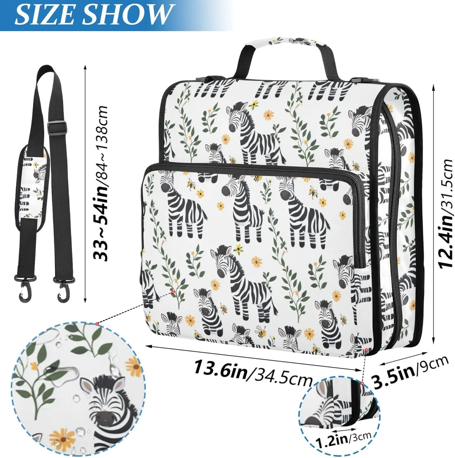 1.5 Inch 3 Rings Organizer Binder with Handle and Removable Shoulder Strap Easy to Carry Zippered Portfolio for Office School Cute White
