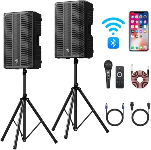15" Active Passive DJ/PA Speakers Package with Mic,2-Way Powered PA System Combo Set with Bluetooth/USB/FM Radio/2X Steel Speaker Stand for Unforgettable Events