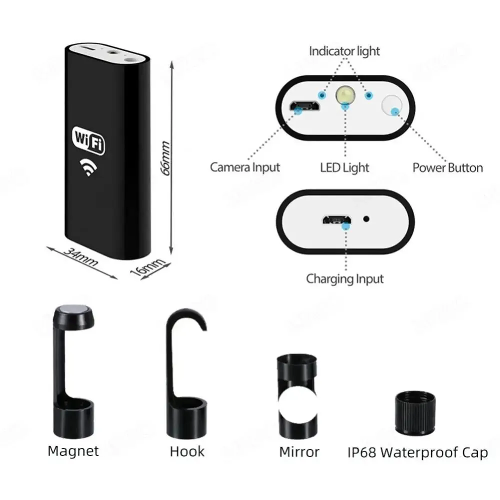 1PCS WiFi Endoscope Camera Mini Waterproof Inspection Snake Camera Borescope USB for Cars Wireless for & Android