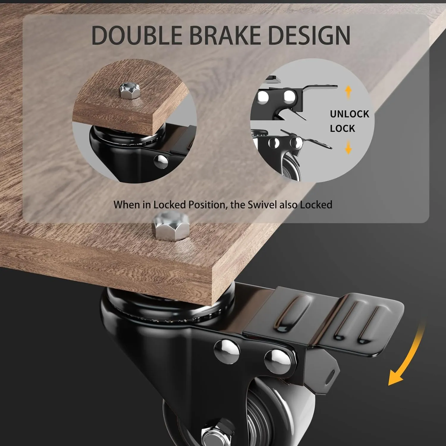 2 Inch Swivel Caster Wheels, Threaded Stem Casters Set of 4 Heavy Duty, 1/2"-13 x 1 (Screw Diameter 1/2", Stem Length 1"), Safety Dual Locking Industrial Castors, Wheels for Cart, Furniture