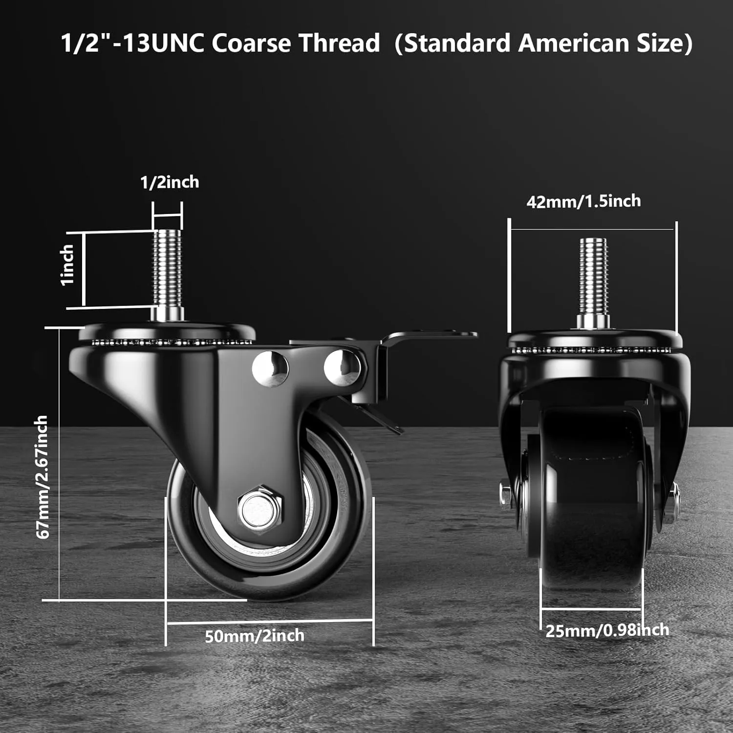 2 Inch Swivel Caster Wheels, Threaded Stem Casters Set of 4 Heavy Duty, 1/2"-13 x 1 (Screw Diameter 1/2", Stem Length 1"), Safety Dual Locking Industrial Castors, Wheels for Cart, Furniture