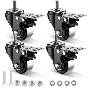 2 Inch Swivel Caster Wheels, Threaded Stem Casters Set of 4 Heavy Duty, 1/2"-13 x 1 (Screw Diameter 1/2", Stem Length 1"), Safety Dual Locking Industrial Castors, Wheels for Cart, Furniture