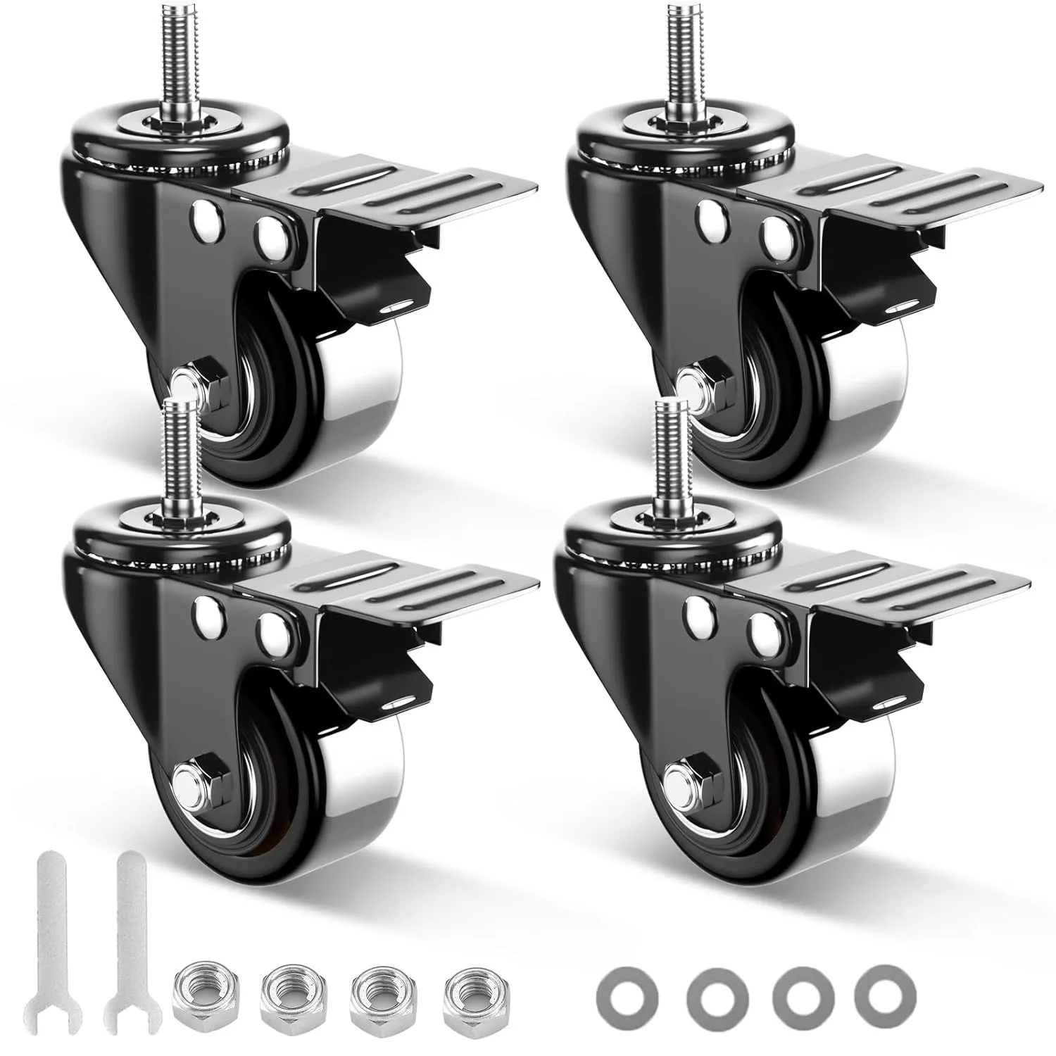2 Inch Swivel Caster Wheels, Threaded Stem Casters Set of 4 Heavy Duty, 1/2"-13 x 1 (Screw Diameter 1/2", Stem Length 1"), Safety Dual Locking Industrial Castors, Wheels for Cart, Furniture