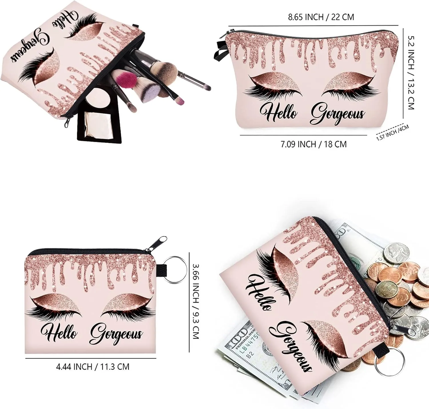 2 Pack Hello Gorgeous Funny Makeup Bag Gift for Women Inspirational Cosmetics Pouch for Purse Travel Bag Cases for Toiletries Accessories Organizer