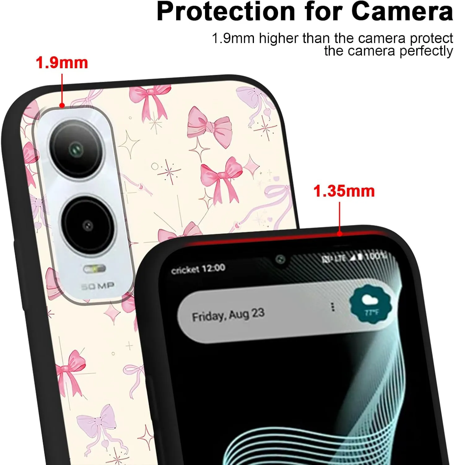 2 Pack Pink Bow Phone Case for Cricket icon 6/At&t Verge 6.75",Cartoon Cute Kawaii Ribbon Bowknot Floral Flower Pattern Cases Aesthetic Design,Black TPU Bumper Protective Cover for Girls Women