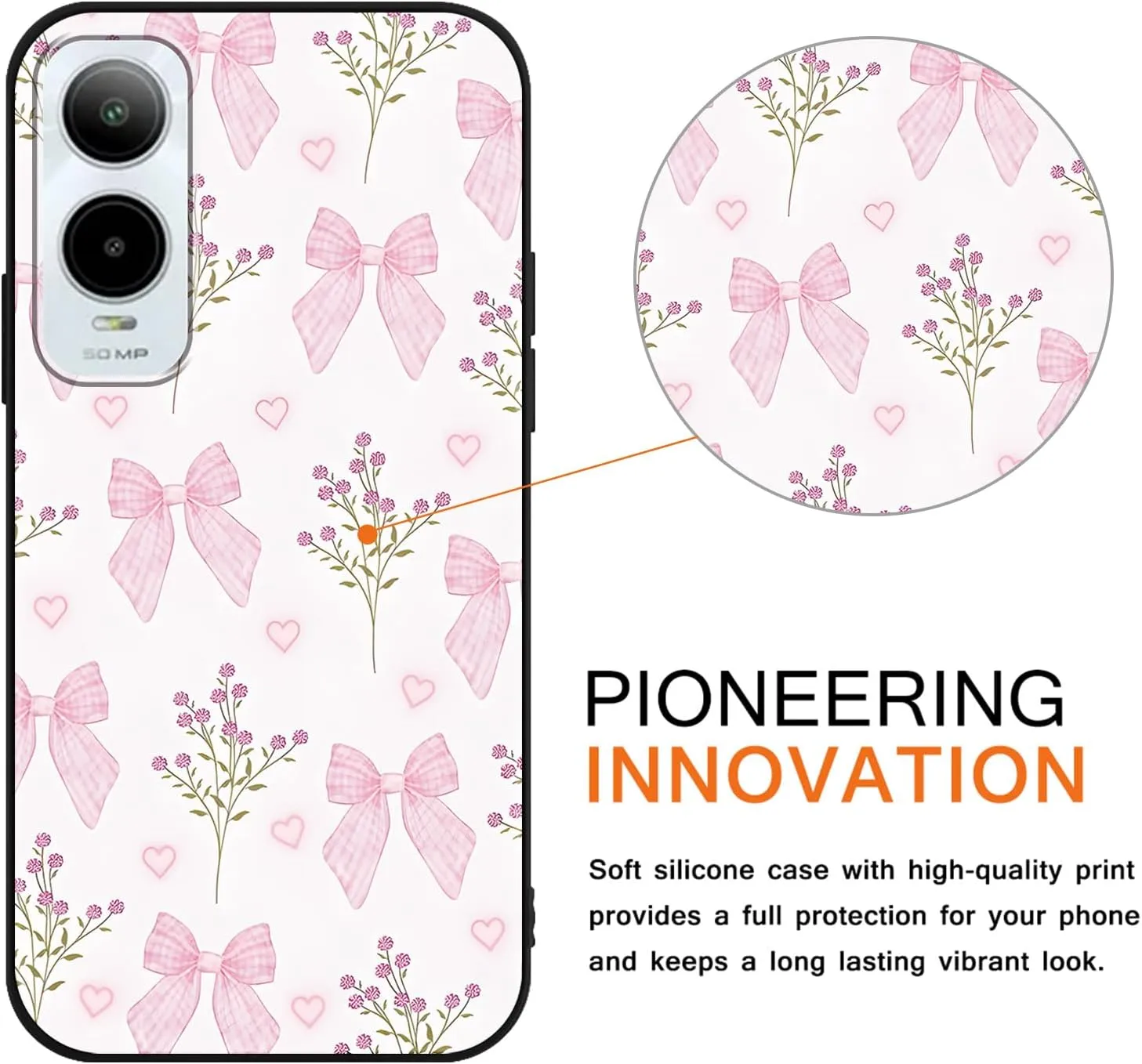 2 Pack Pink Bow Phone Case for Cricket icon 6/At&t Verge 6.75",Cartoon Cute Kawaii Ribbon Bowknot Floral Flower Pattern Cases Aesthetic Design,Black TPU Bumper Protective Cover for Girls Women