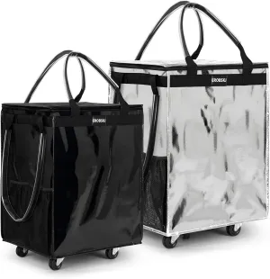 2 Pack Reusable Grocery Bag on Wheels Black and Silver