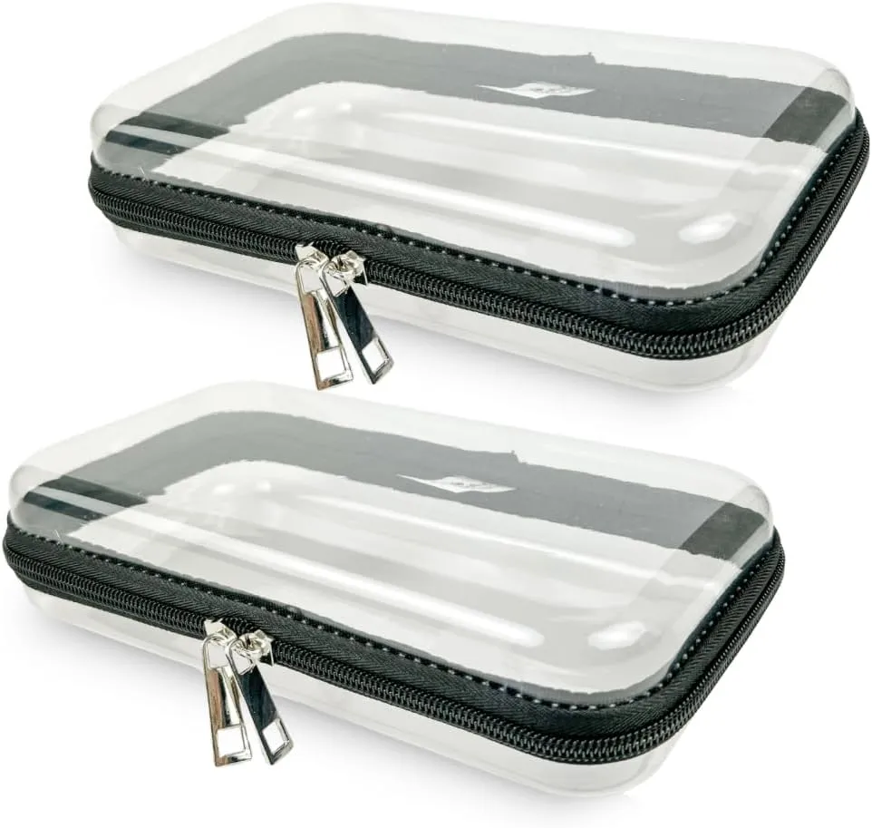 2 Pack Small Clear Hard Shell Zipper Case, Waterproof Zippered Hard Pouch, Transparent Zip Case, Hard Sided Organizer for Travel Essentials - Black