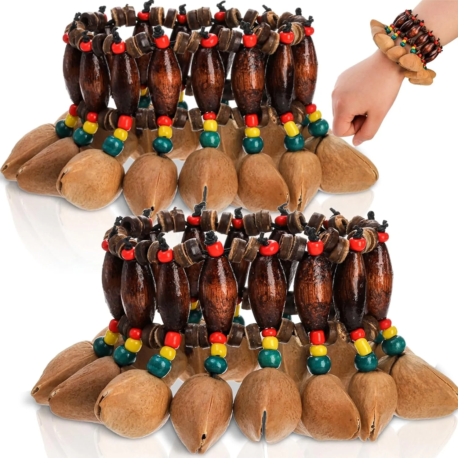 2 Pcs African Tribal Style Nut Shell Bracelet, Seed Shell Dance Bracelet, Natural Shaker Bell Wristband, Craft Handbell Wrist Bell, Percussion Instrument Accessories for Dance, Yoga, ASMR