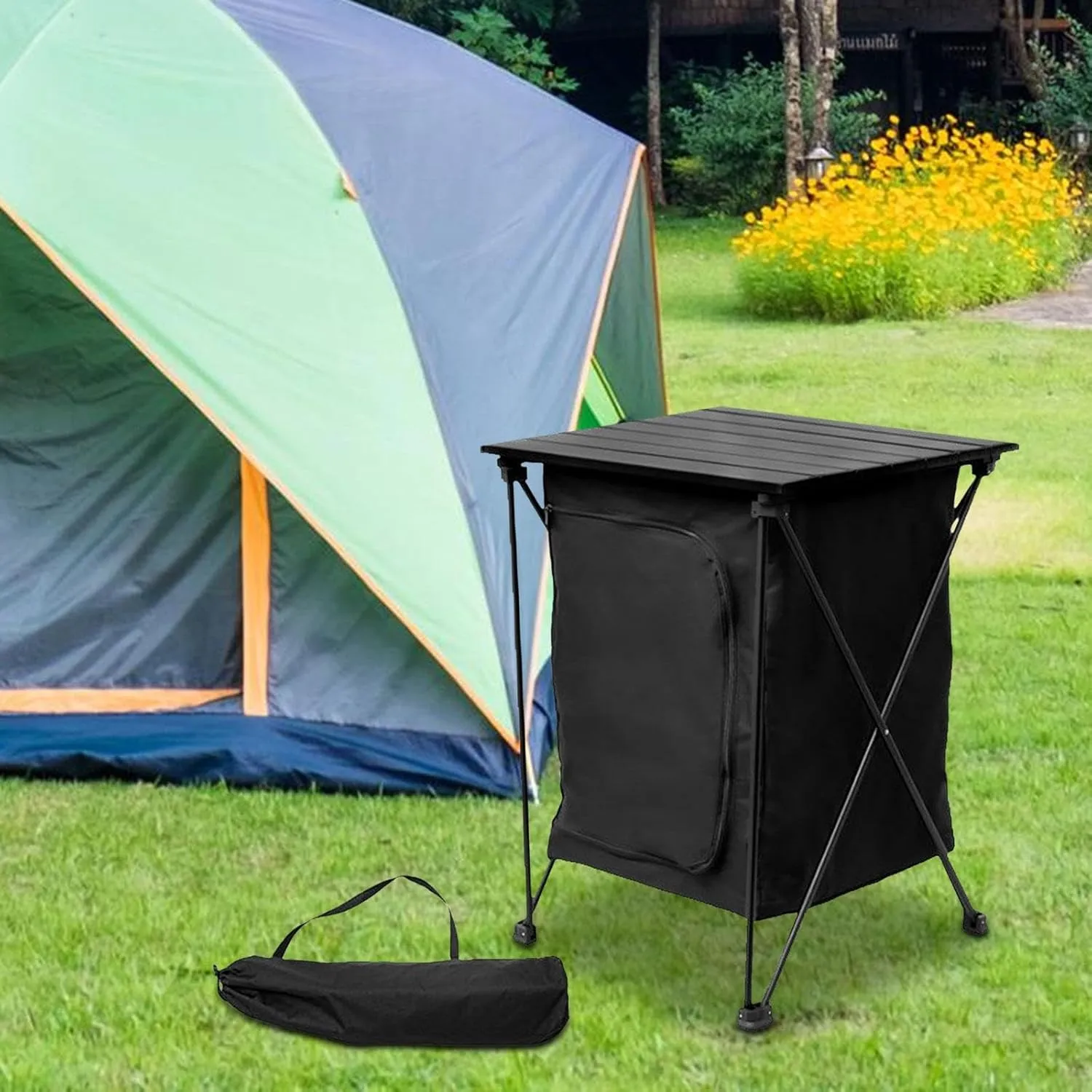 2 Tier Camping Cabinet, Storage Cabinet, Kitchen Table Organizer for Outdoor Activities, Backyard, Black
