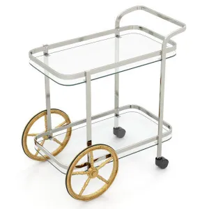 2-Tier Tempered Glass Bar Cart with 2 Large Aluminum Wheels and 2 Rolling Caster