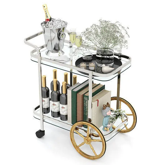 2-Tier Tempered Glass Bar Cart with 2 Large Aluminum Wheels and 2 Rolling Caster