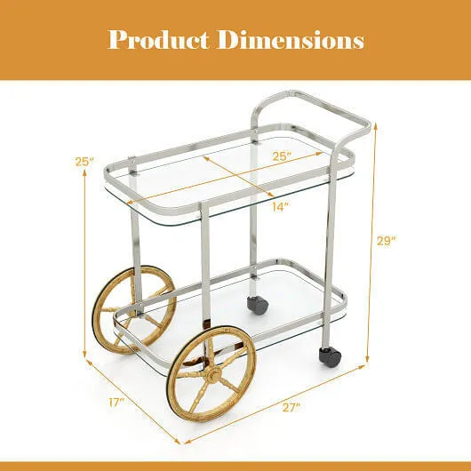 2-Tier Tempered Glass Bar Cart with 2 Large Aluminum Wheels and 2 Rolling Caster