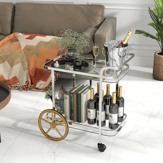 2-Tier Tempered Glass Bar Cart with 2 Large Aluminum Wheels and 2 Rolling Caster