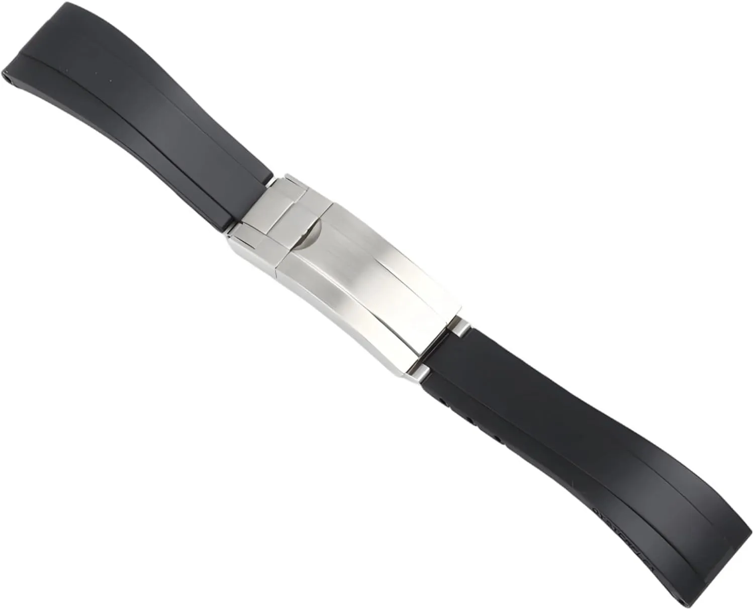 20Mm Rubber Watch Band For Rolex, Black Silicone With Silver Buckle, Waterproof, Micro-Adjustment Clasp, Curved Interface