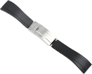 20Mm Rubber Watch Band For Rolex, Black Silicone With Silver Buckle, Waterproof, Micro-Adjustment Clasp, Curved Interface