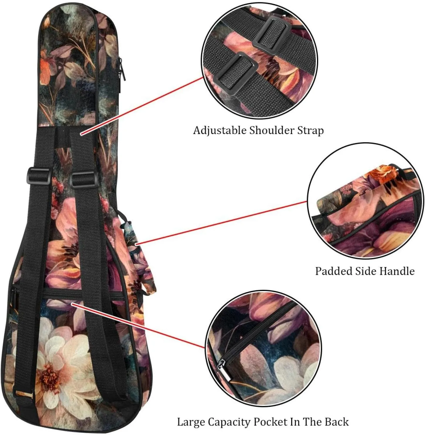 23 Inch Concert Ukulele Case Abstract Flower Colorful Design Ukulele Padded Bag with Storage and Shoulder Straps