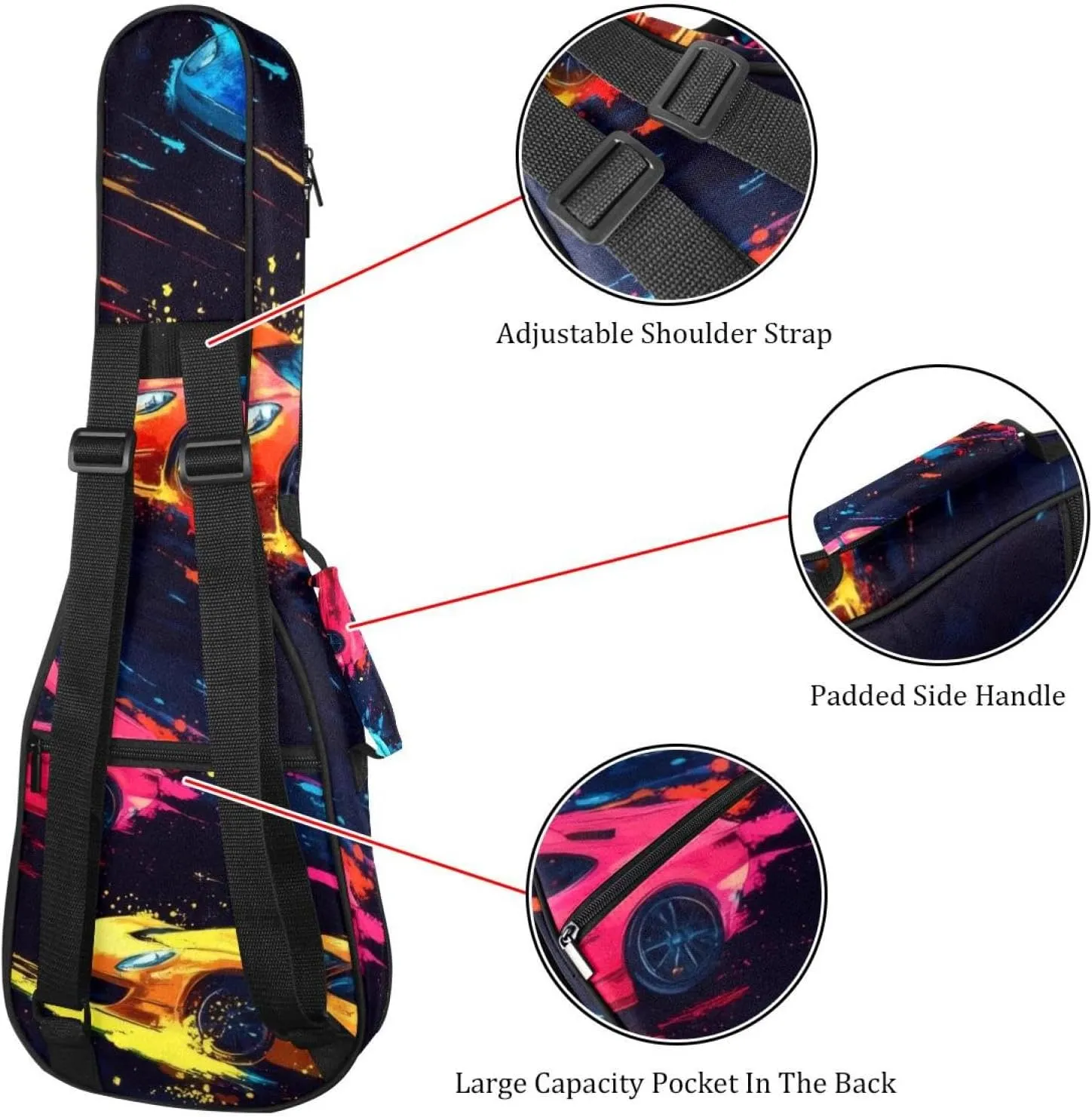 23 Inch Concert Ukulele Case Abstract Seamless Pattern with Speed Race Ukulele Padded Bag with Storage and Shoulder Straps
